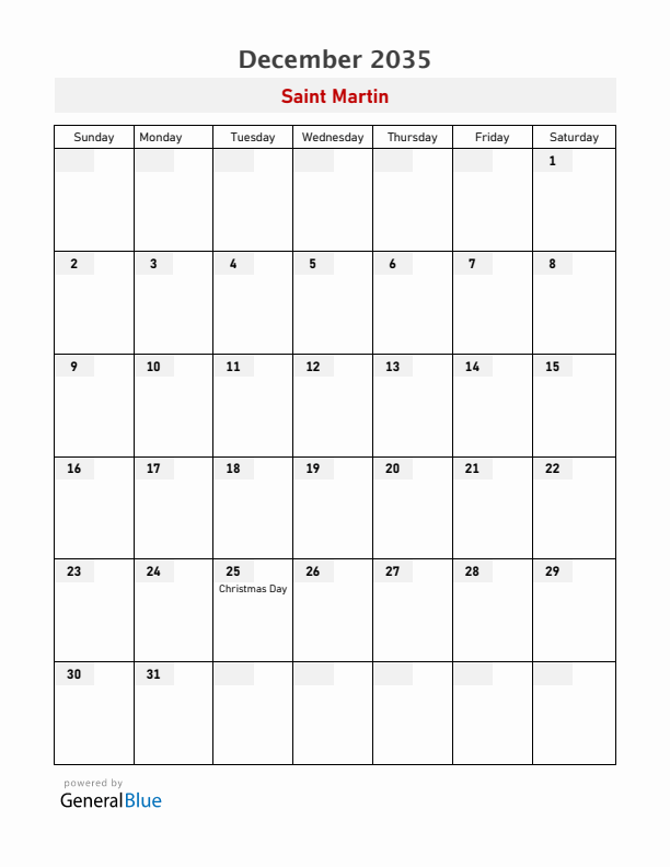 Saint Martin December 2035 Calendar with Holidays