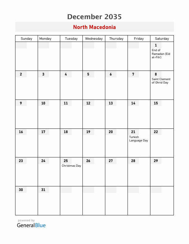 North Macedonia December 2035 Calendar with Holidays