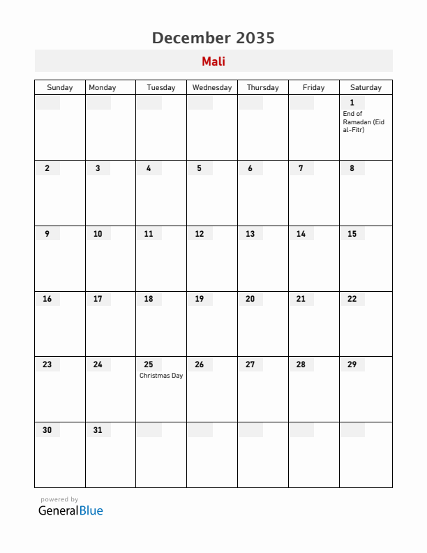 Mali December 2035 Calendar with Holidays