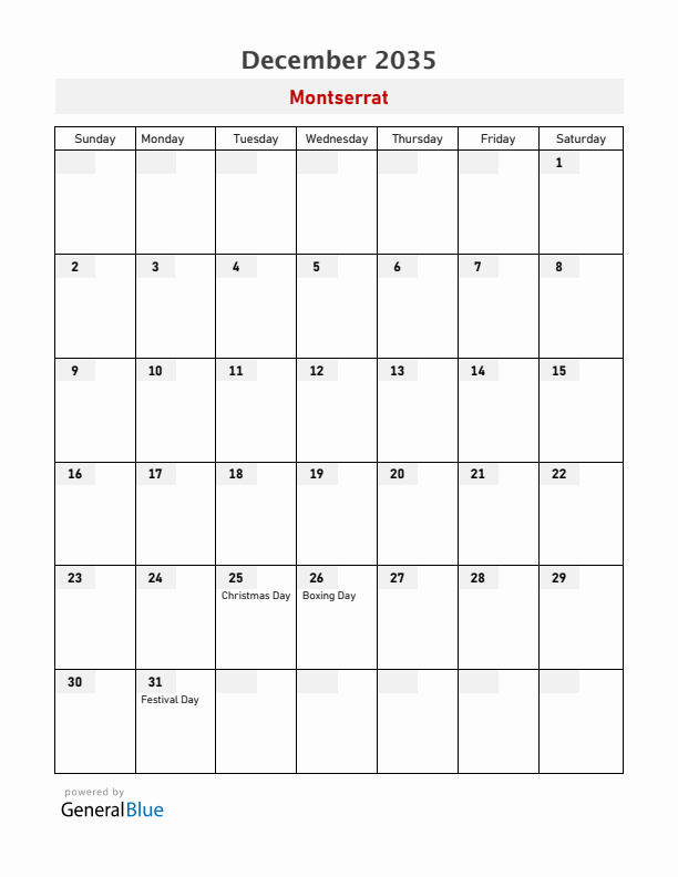 Montserrat December 2035 Calendar with Holidays