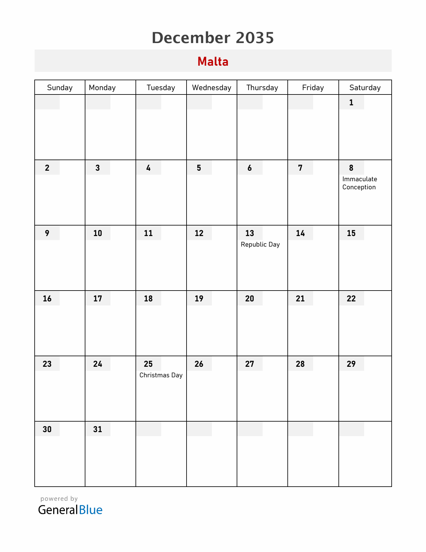 Malta December 2035 Calendar with Holidays