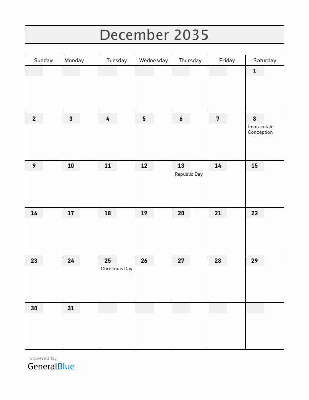Malta December 2035 Calendar with Holidays