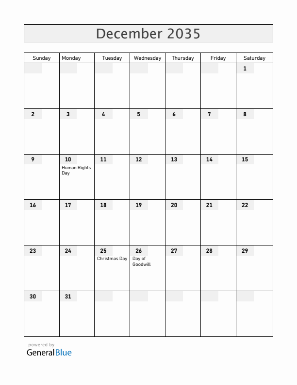 Namibia December 2035 Calendar with Holidays