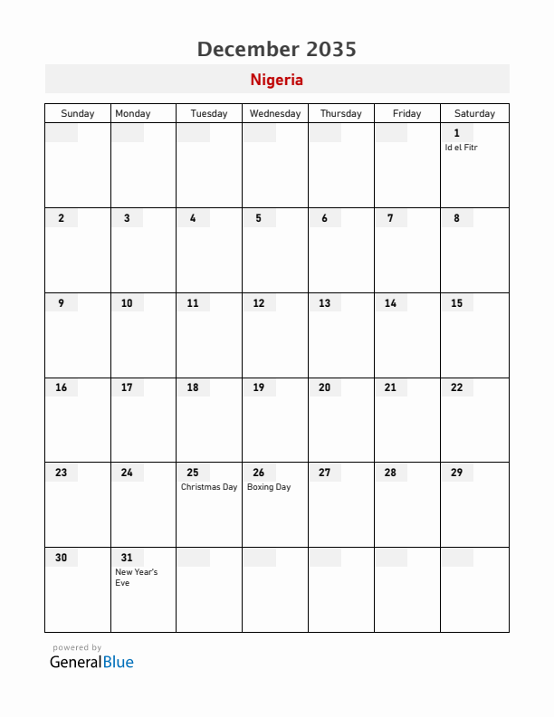 Nigeria December 2035 Calendar with Holidays
