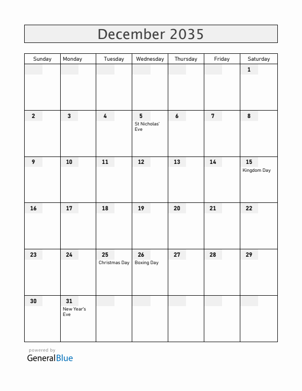 The Netherlands December 2035 Calendar with Holidays