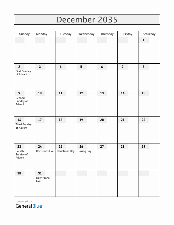 Norway December 2035 Calendar with Holidays
