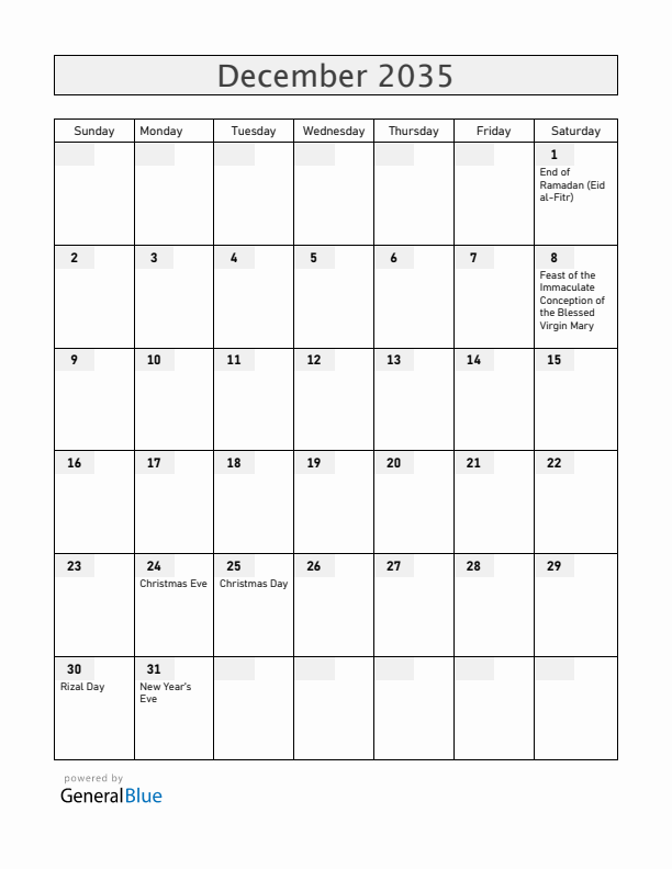 Philippines December 2035 Calendar with Holidays