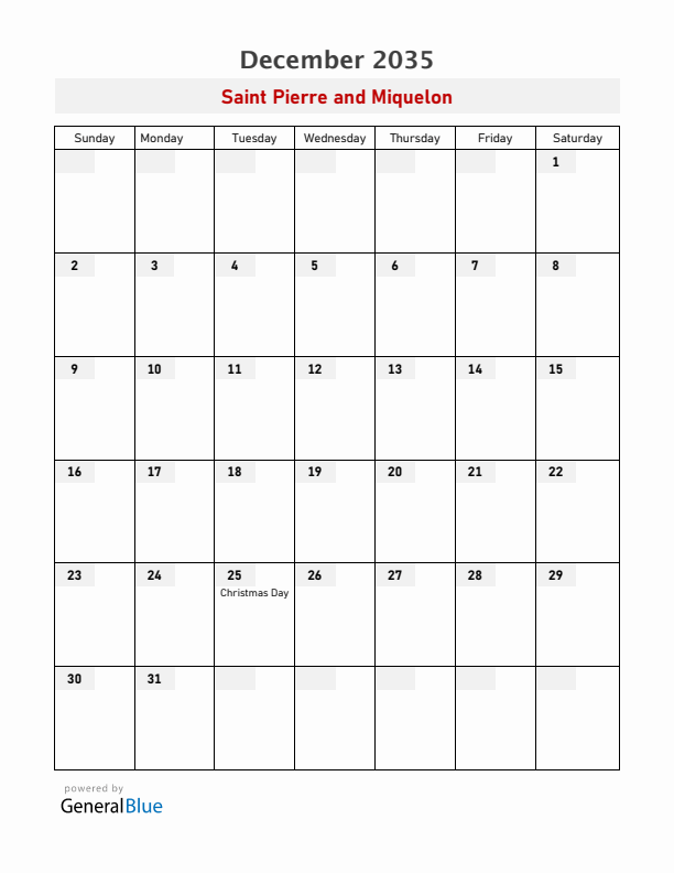 Saint Pierre and Miquelon December 2035 Calendar with Holidays