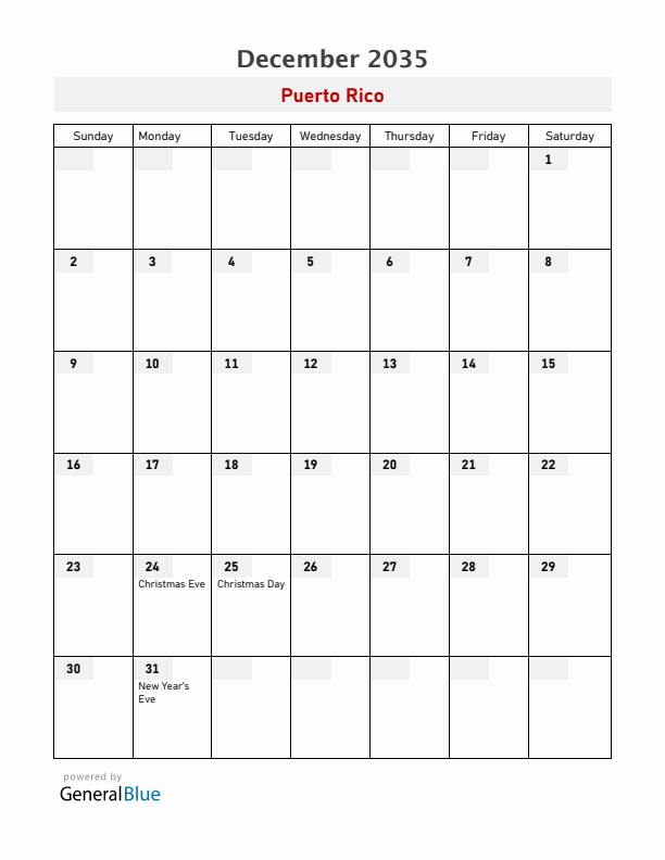 Puerto Rico December 2035 Calendar with Holidays