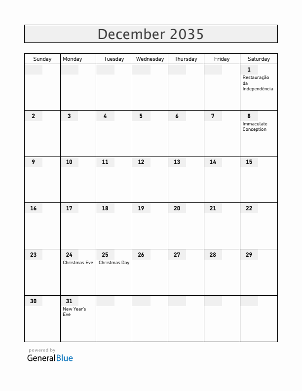 Portugal December 2035 Calendar with Holidays