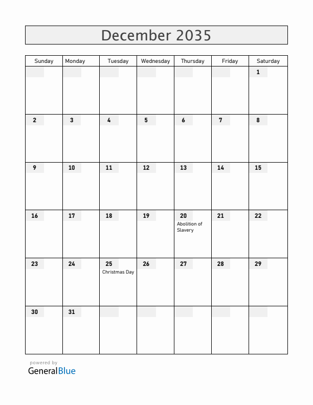 Reunion December 2035 Calendar with Holidays