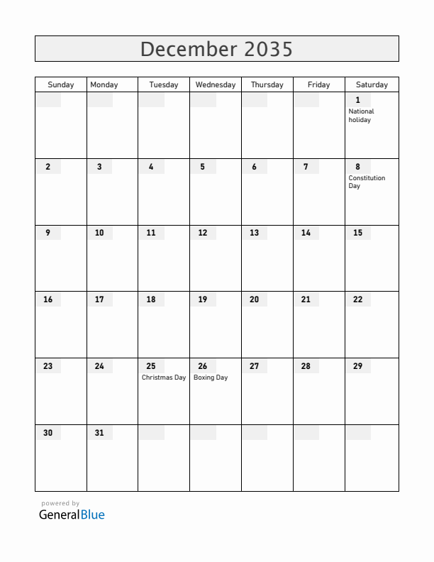 Romania December 2035 Calendar with Holidays