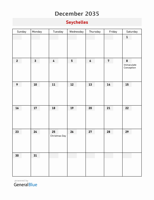 Seychelles December 2035 Calendar with Holidays