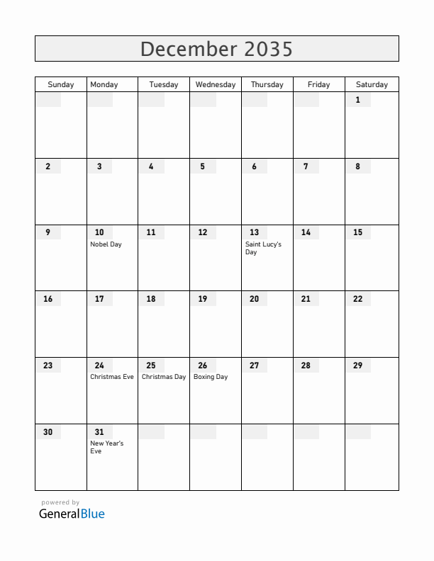 Sweden December 2035 Calendar with Holidays