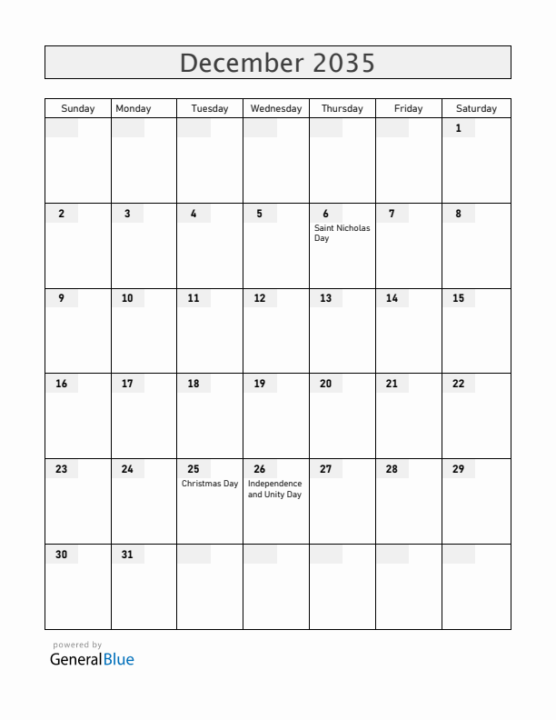 Slovenia December 2035 Calendar with Holidays
