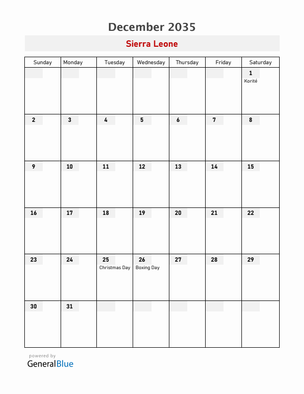 Sierra Leone December 2035 Calendar with Holidays
