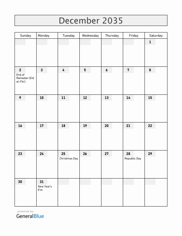 South Sudan December 2035 Calendar with Holidays