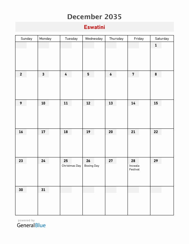 Eswatini December 2035 Calendar with Holidays