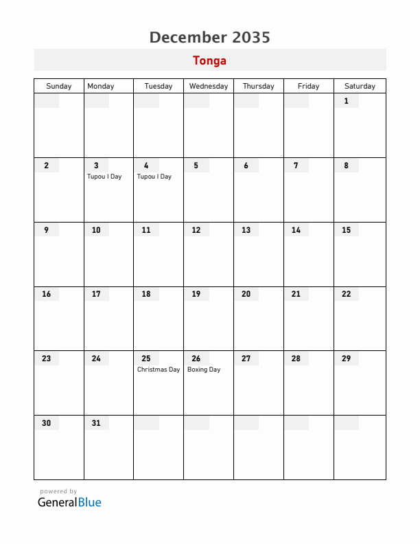 Tonga December 2035 Calendar with Holidays