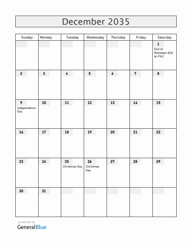 Tanzania December 2035 Calendar with Holidays