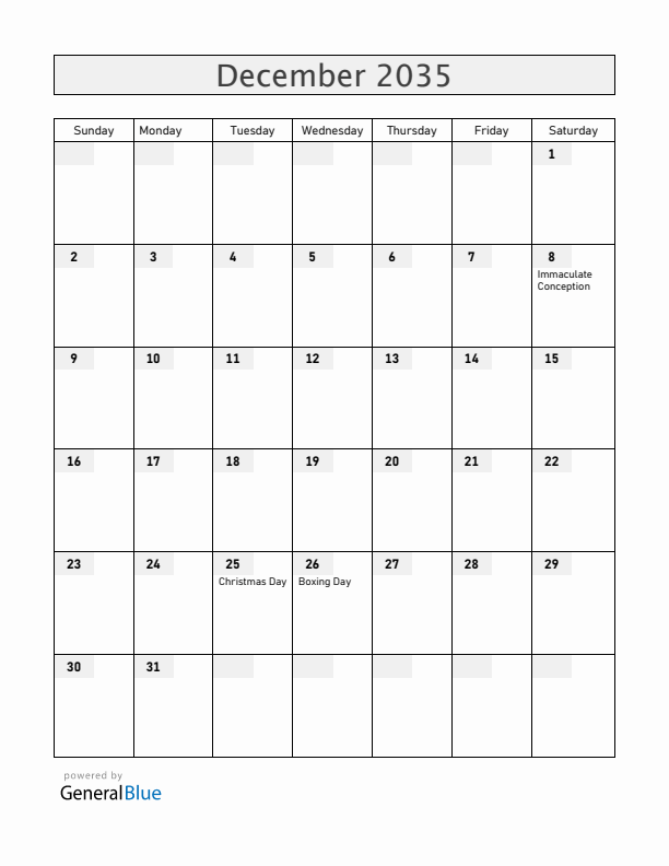 Vatican December 2035 Calendar with Holidays