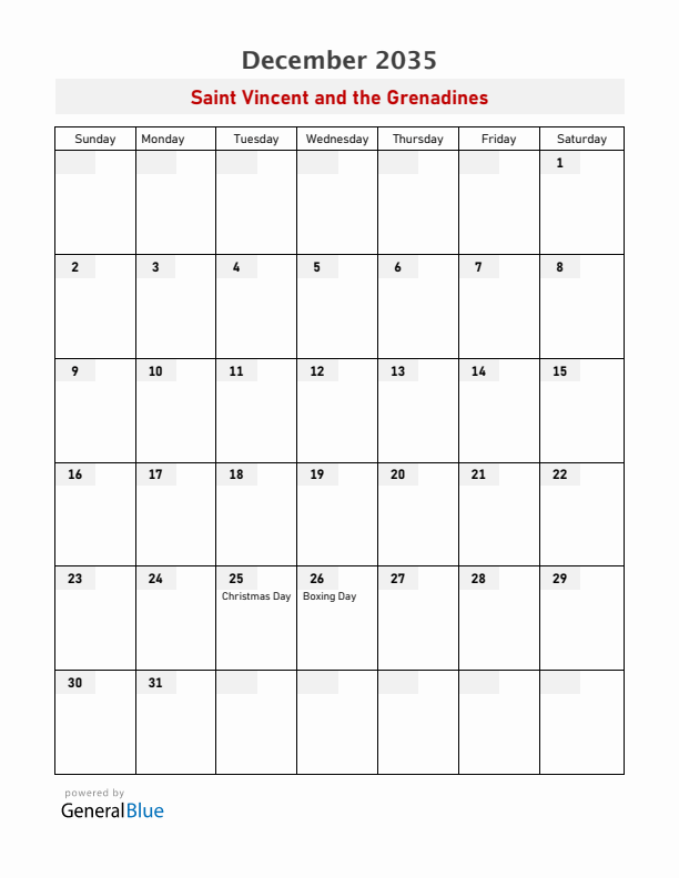 Saint Vincent and the Grenadines December 2035 Calendar with Holidays