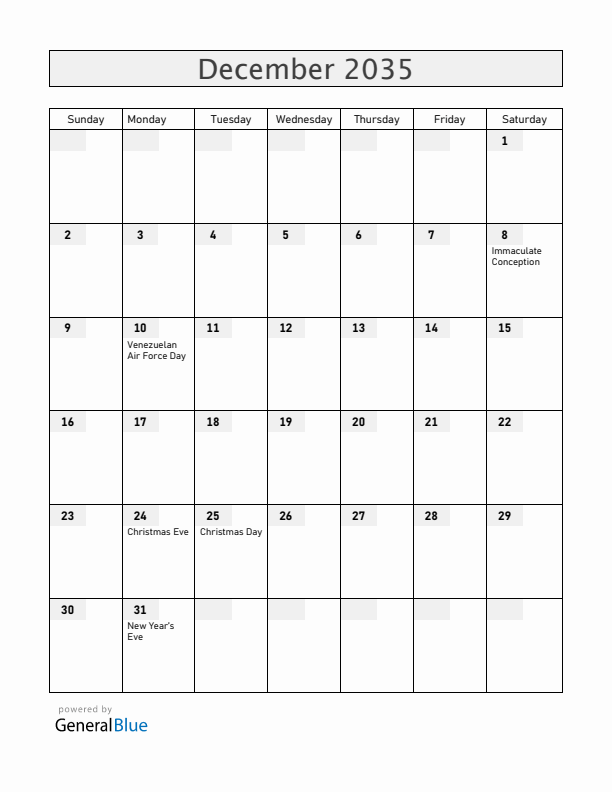 Venezuela December 2035 Calendar with Holidays