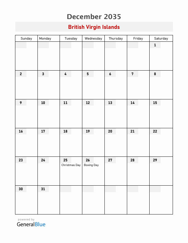 British Virgin Islands December 2035 Calendar with Holidays