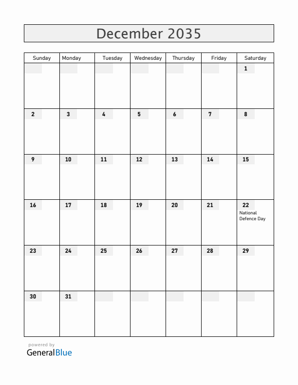 Vietnam December 2035 Calendar with Holidays