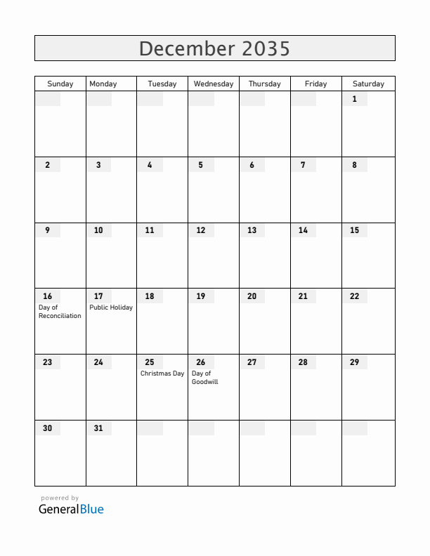 South Africa December 2035 Calendar with Holidays