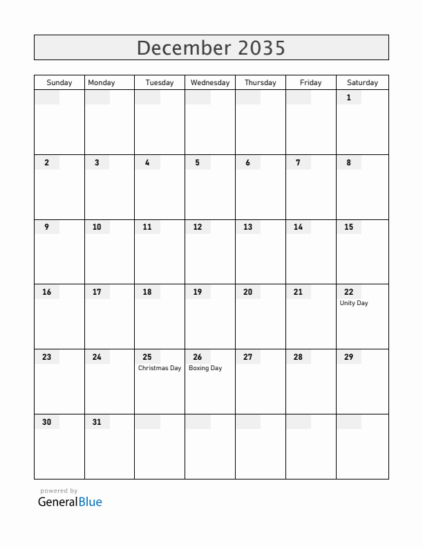 Zimbabwe December 2035 Calendar with Holidays
