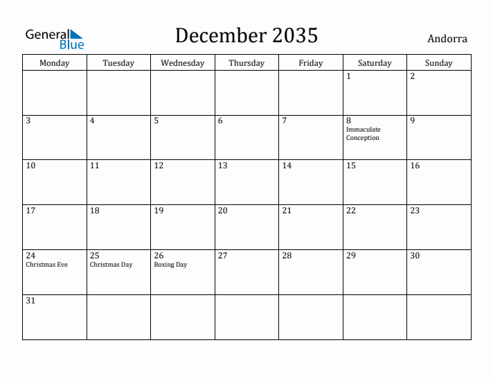 December 2035 Calendar Andorra