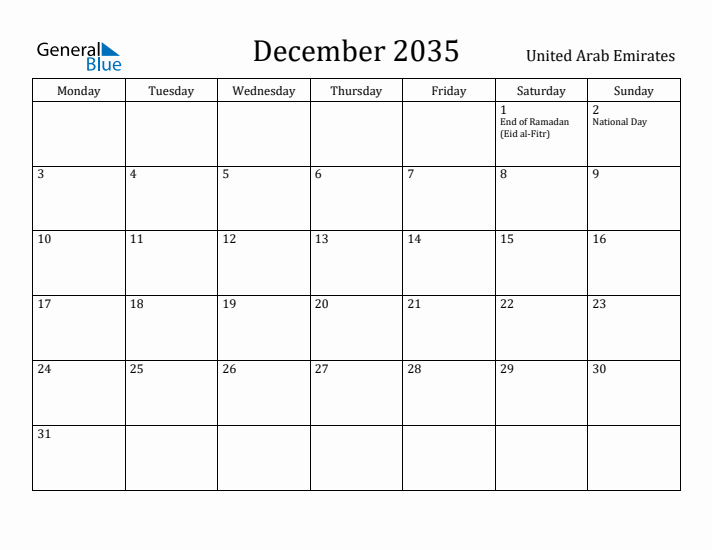 December 2035 Calendar United Arab Emirates