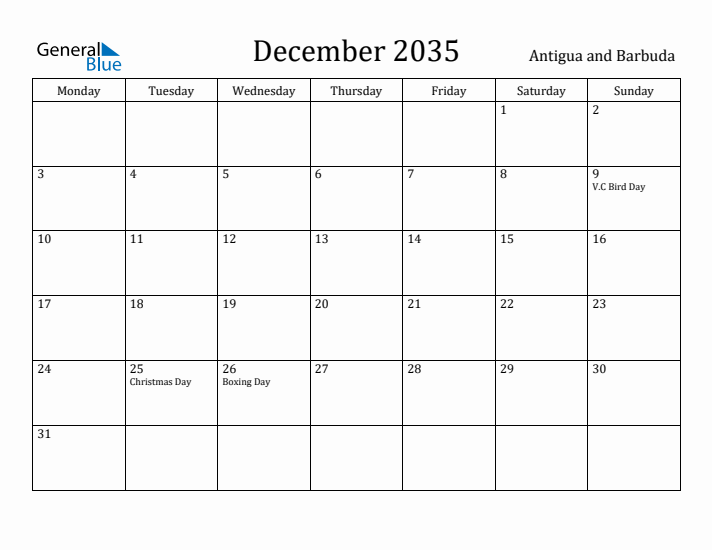 December 2035 Calendar Antigua and Barbuda