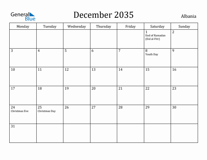 December 2035 Calendar Albania