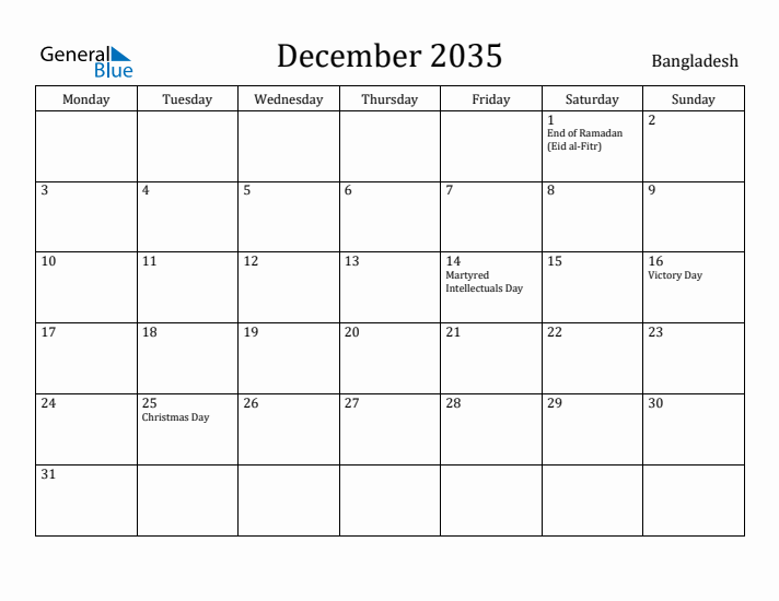 December 2035 Calendar Bangladesh