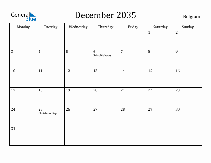 December 2035 Calendar Belgium
