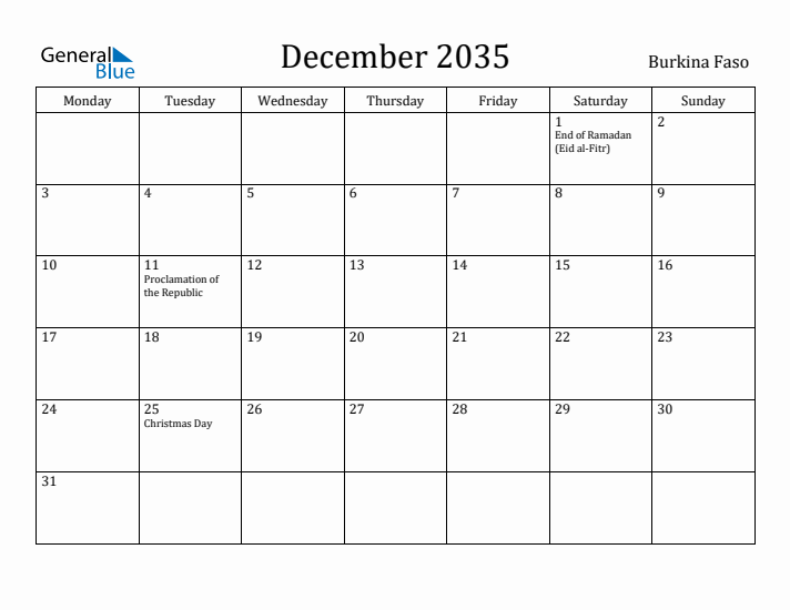 December 2035 Calendar Burkina Faso