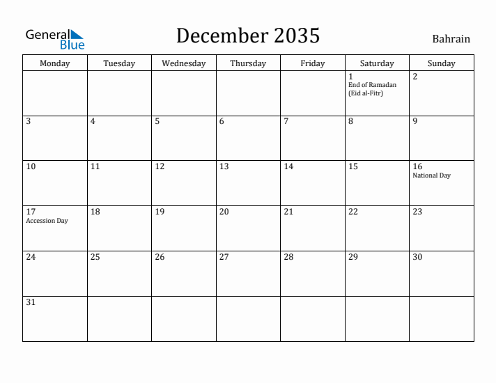 December 2035 Calendar Bahrain