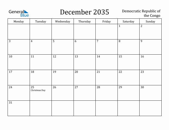 December 2035 Calendar Democratic Republic of the Congo