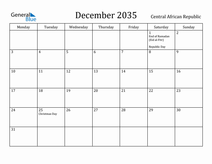 December 2035 Calendar Central African Republic