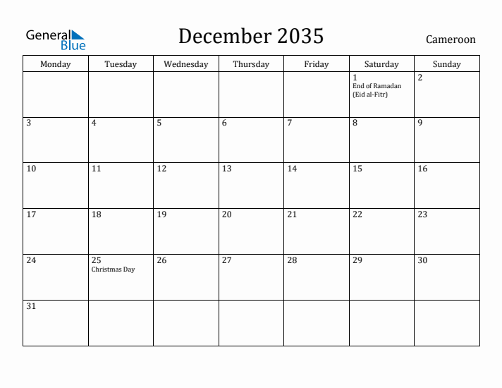 December 2035 Calendar Cameroon