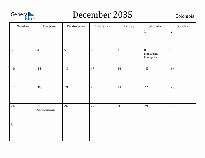 December 2035 Calendar Colombia