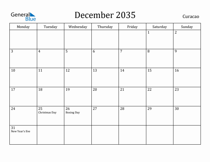 December 2035 Calendar Curacao