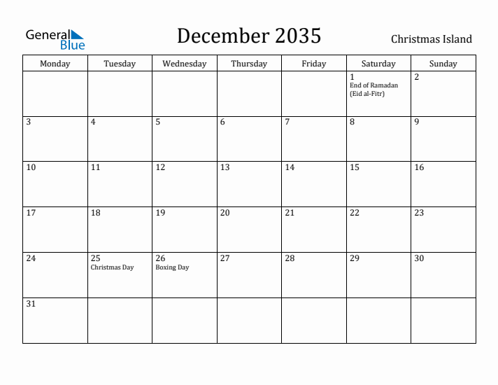 December 2035 Calendar Christmas Island