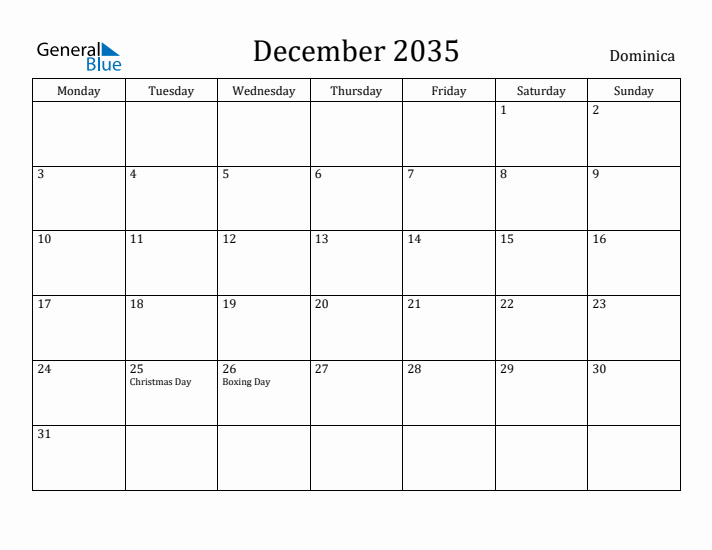 December 2035 Calendar Dominica