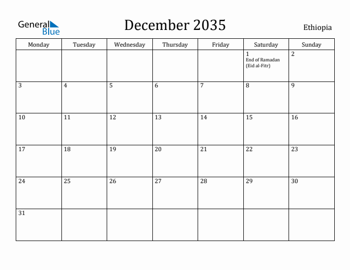 December 2035 Calendar Ethiopia