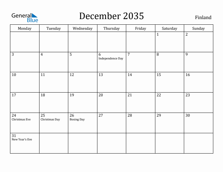 December 2035 Calendar Finland