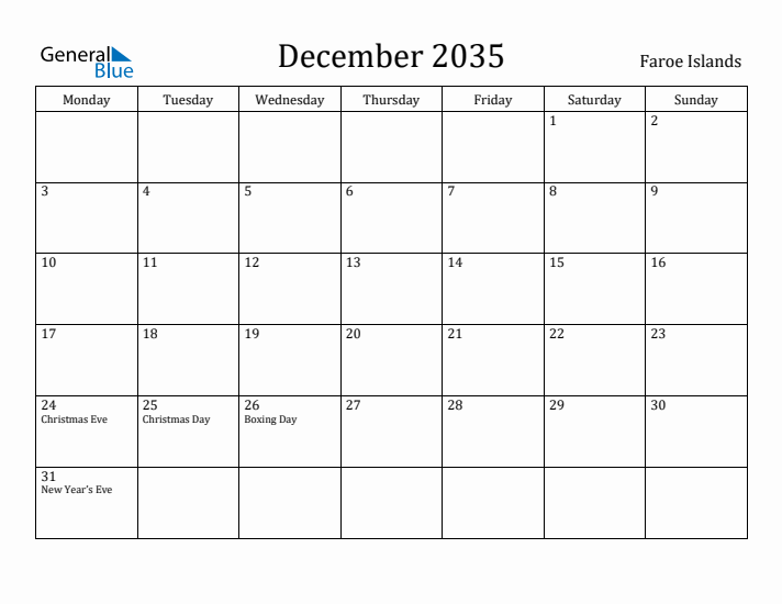 December 2035 Calendar Faroe Islands