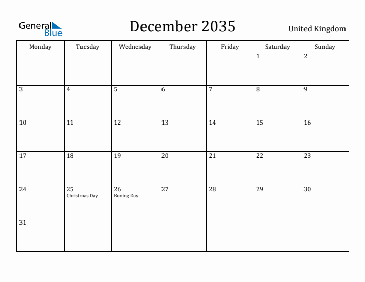 December 2035 Calendar United Kingdom
